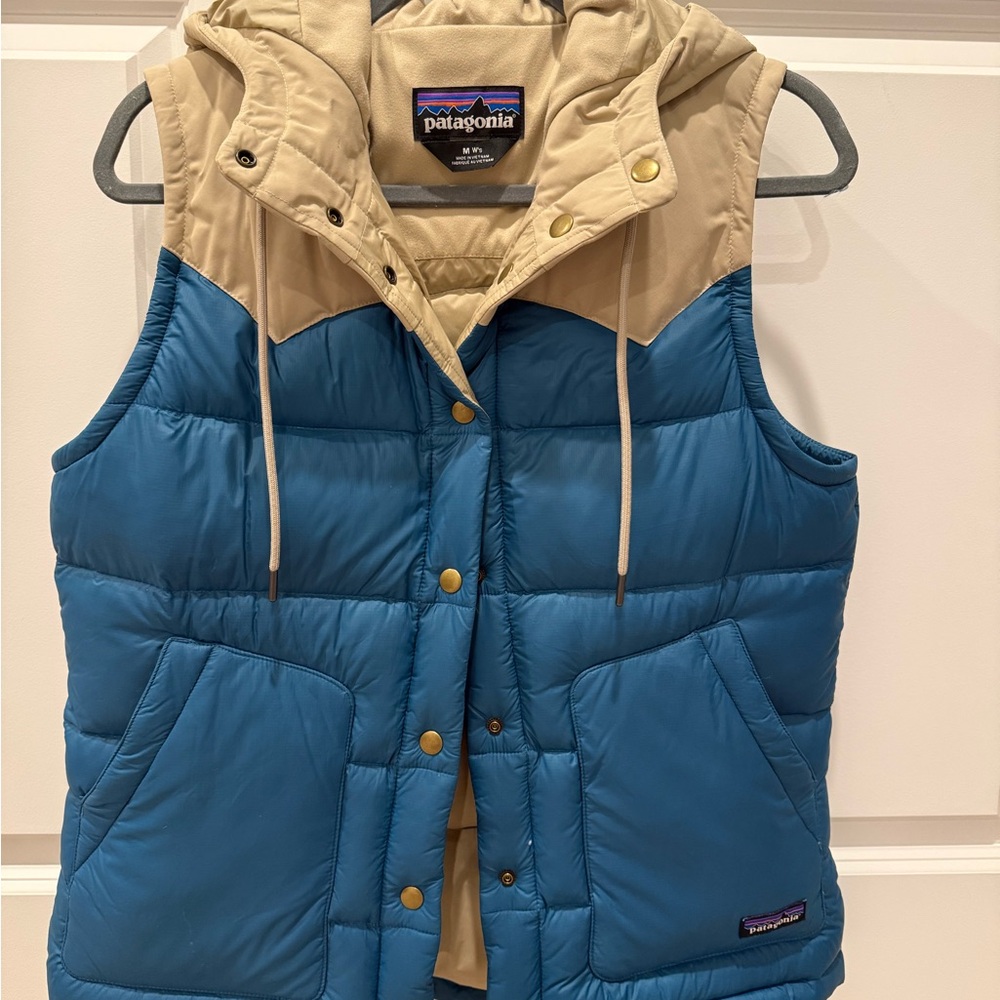 Patagonia Hooded Blue and Tan Vest